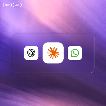 MCP integrations: OpenAI, Reney, WhatsApp connected over a purple gradient